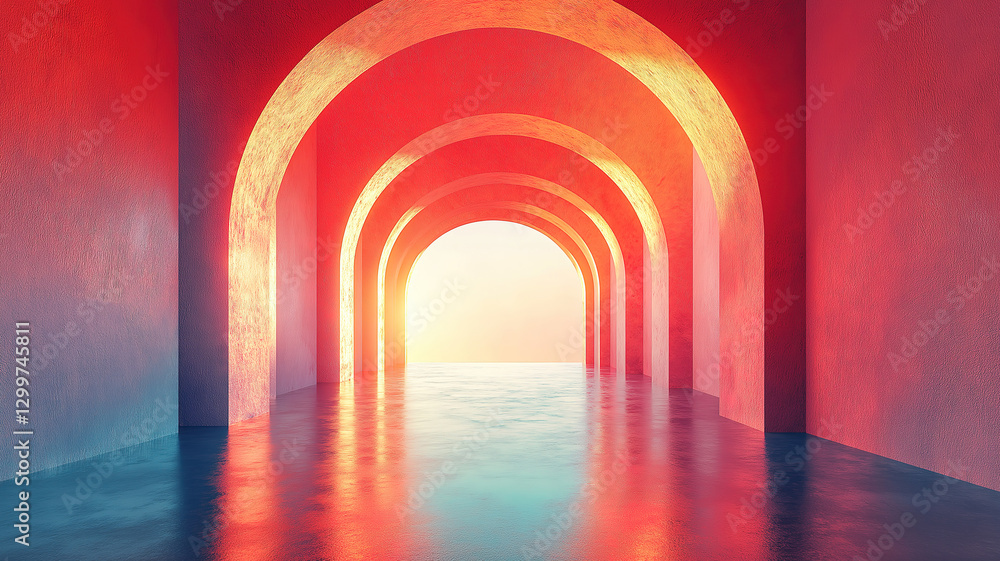 Architectural arches framing a stunning sunset glow in an abstract scene with warm colors Architectural arches framing a stunning sunset glow in an abstract scene with warm colors