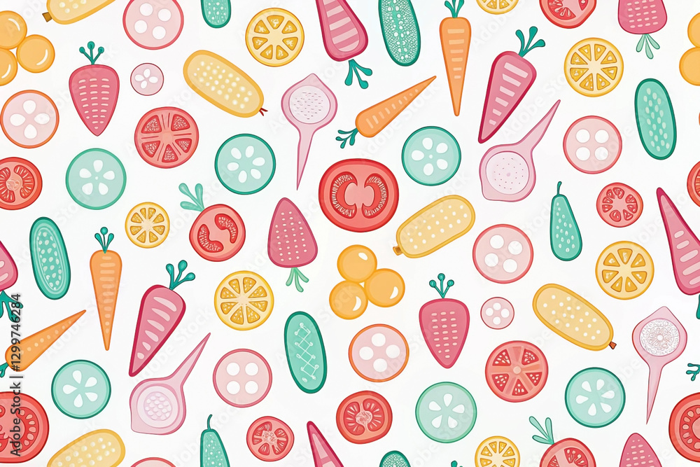 Colorful seamless pattern of various vegetables and fruits slices on white background. Colorful seamless pattern of various vegetables and fruits slices on white background.