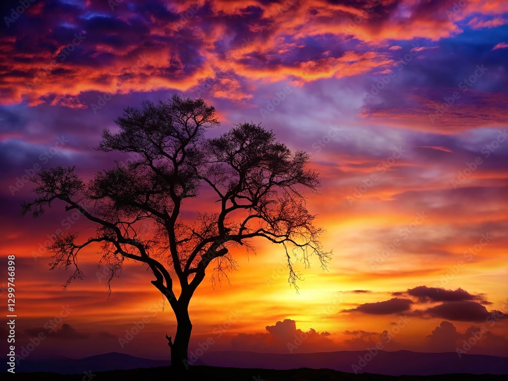 Fototapeta premium Vibrant Tree Silhouette Against Sunset Sky - Colorful Nature Stock Photo
