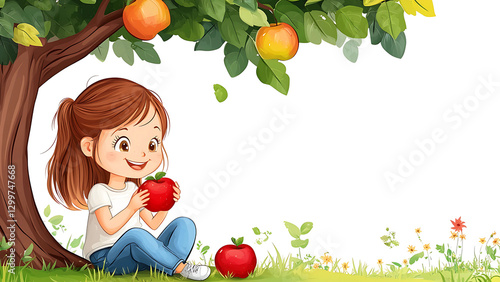 a cute girl sitting under the tree enjoy the red apple and smiling