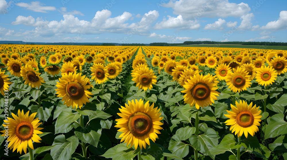 Fototapeta premium Bright Sunlights on an Expanse of Vibrant Sunflower Field under the Azure Sky: A Celebration of Nature's Beauty