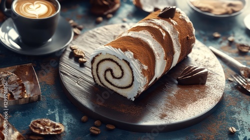 Coffee Cream Roll Cake with Chocolate Garnish