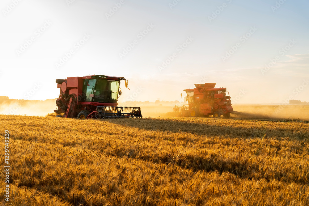Fototapeta premium The combine is harvesting the wheat in the evening