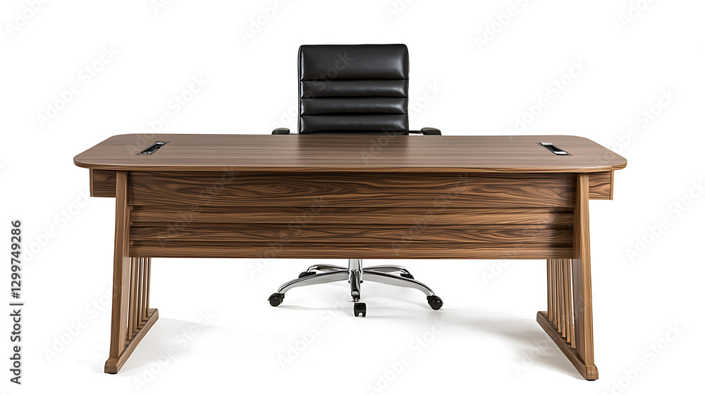 Fototapeta premium A wooden desk with a black leather chair in front of it
