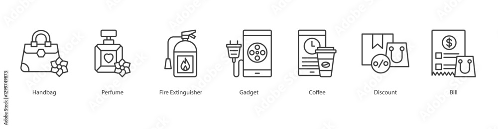 Ecomers Icon Sheet handbag, perfume, fire extinguisher, gadget, coffee, discount, bill Ecomers Icon Sheet handbag, perfume, fire extinguisher, gadget, coffee, discount, bill