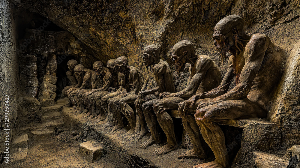Sculpted figures seated in a dimly lit cave, evoking a sense of mystery and history Sculpted figures seated in a dimly lit cave, evoking a sense of mystery and history