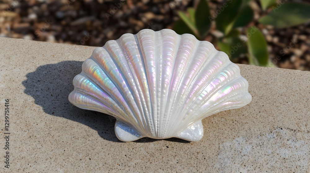 iridescent seashell on sandy surface summer beach seascape iridescent seashell on sandy surface summer beach seascape