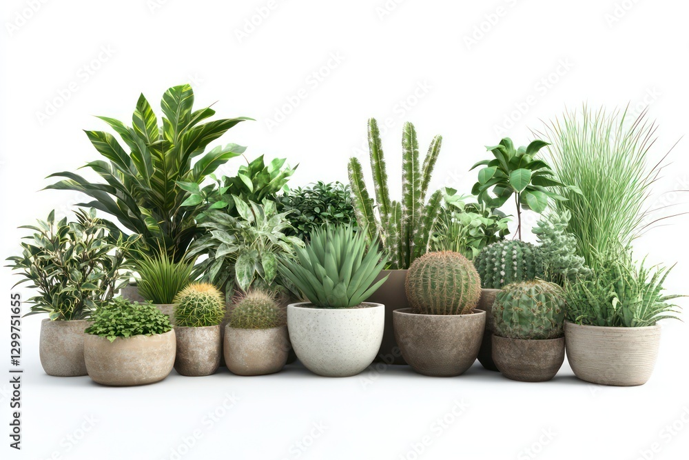 A 3D image of a collection of houseplants such as cacti and spider plants in pots, isolated on a crisp white background, giving a clean and modern feel. A 3D image of a collection of houseplants such as cacti and spider plants in pots, isolated on a crisp white background, giving a clean and modern feel.
