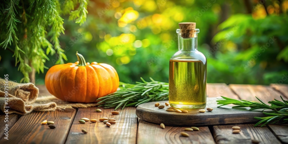 Fototapeta premium A bottle of golden vegetable oil sits on a rustic wooden surface, next to a small pumpkin, sprigs of rosemary, and scattered seeds, all bathed in soft natural light.