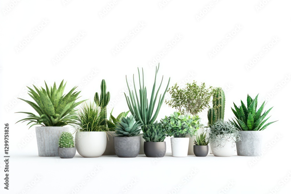 Fototapeta premium A 3D image of a collection of houseplants such as cacti and spider plants in pots, isolated on a crisp white background, giving a clean and modern feel.