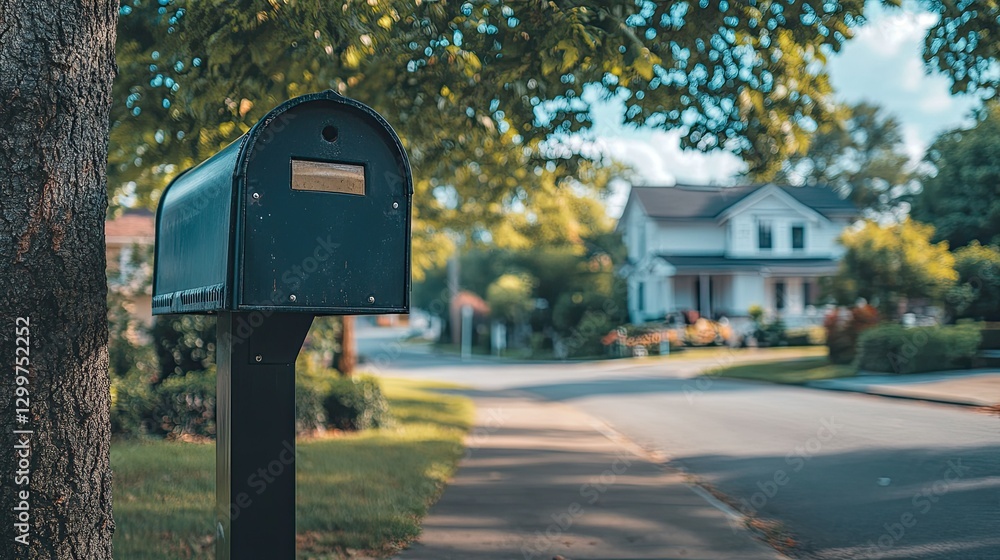 A black mailbox with an open lid, standing by a tree-lined street in front of a charming neighborhood home. A black mailbox with an open lid, standing by a tree-lined street in front of a charming neighborhood home.