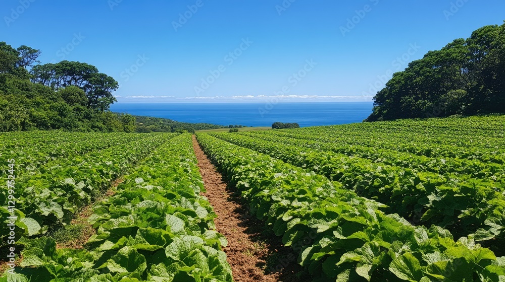A breathtaking view of a potato field under a clear blue sky, stretching far into the distance. A breathtaking view of a potato field under a clear blue sky, stretching far into the distance.