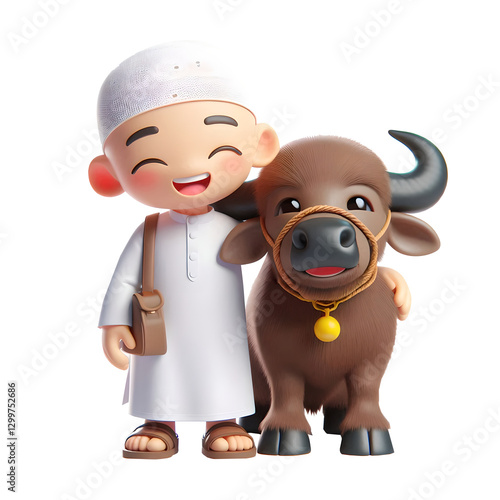 Adorable Cartoon 3D Goat and moslem, eid al adha mascot
