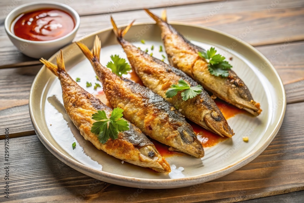 Crispy Fried Fish Delicacy Served with Zesty Dipping Sauce on Rustic Wooden Table Crispy Fried Fish Delicacy Served with Zesty Dipping Sauce on Rustic Wooden Table