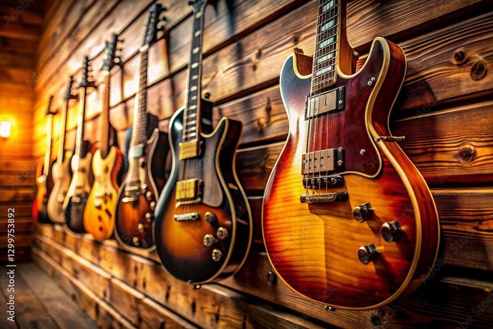 Naklejka premium Vintage Electric Guitars on Rustic Wooden Wall, Warm Lighting - Stock Photo