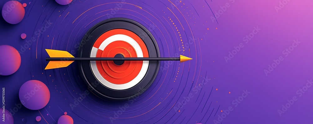 Obraz premium Bold purple background with a bullseye target and an arrow striking the center, symbolizing success, focus, and goal accomplishment in an inspiring and colorful design