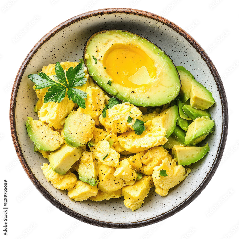 Scrumptious Avocado and Scrambled Egg Breakfast Bowl with Fresh Parsley Garnish Scrumptious Avocado and Scrambled Egg Breakfast Bowl with Fresh Parsley Garnish