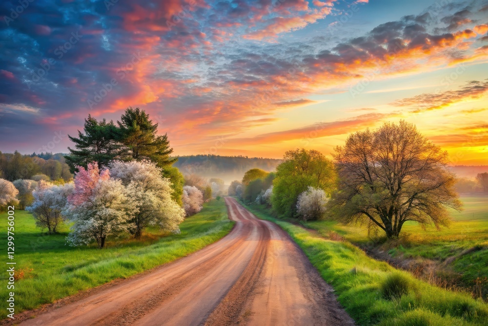 Serene Country Road at Sunrise, Flanked by Blossoming Trees and Lush Meadows, bathed in the warm glow of the rising sun. Serene Country Road at Sunrise, Flanked by Blossoming Trees and Lush Meadows, bathed in the warm glow of the rising sun.