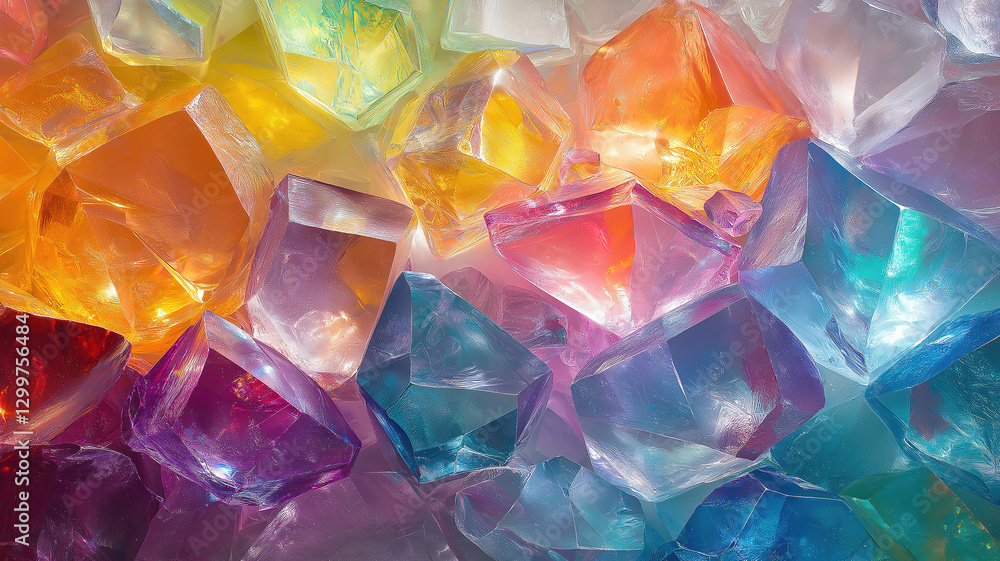 Abstract composition of iridescent glass prisms reflecting light in vibrant and dynamic patterns