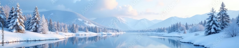 Snowy pines tower above a frozen lake and snow-covered hills in the crisp winter air, serenity, hill Snowy pines tower above a frozen lake and snow-covered hills in the crisp winter air, serenity, hill