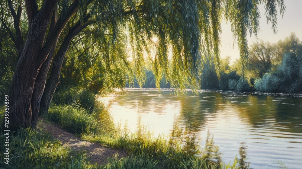 Obraz premium Serene Riverside with Weeping Willows By Generated AI