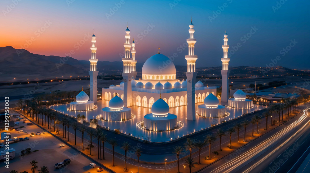 Fototapeta premium A grand mosque in golden light stands majestically at dusk. The blue domes and tall minarets shine in harmony with the modern city, creating a peaceful and mesmerizing spiritual atmosphere.
