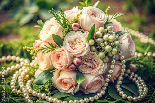 Elegant blush rose bridal bouquet adorned with a lustrous pearl necklace, nestled amongst lush greenery