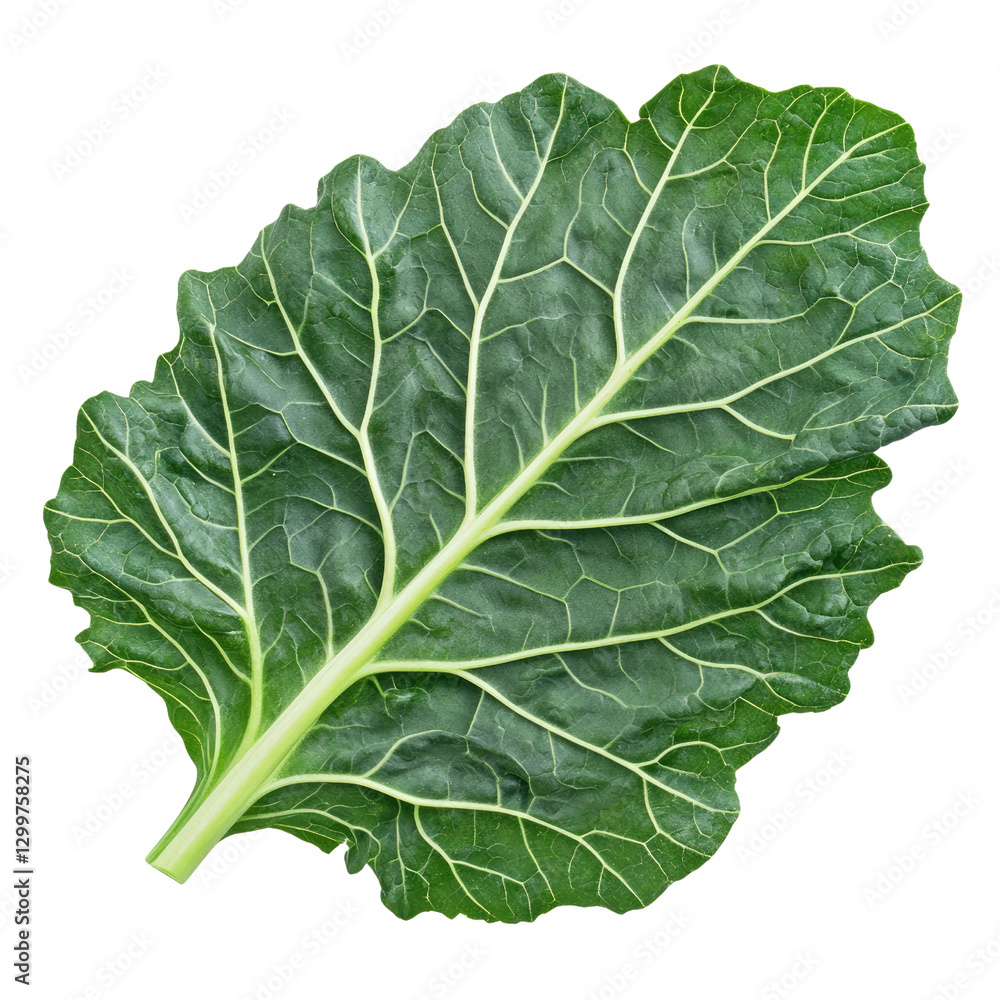Fresh Green Collard Greens Leaf with Textured Surface and Veins on White Background for Culinary and Nutrition Purpose Fresh Green Collard Greens Leaf with Textured Surface and Veins on White Background for Culinary and Nutrition Purpose