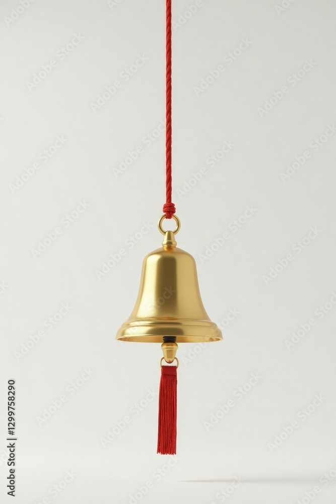 Obraz premium Simple white background with a single golden bell hanging from it, clean, golden bell