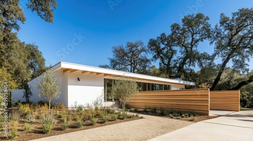 Wallpaper Mural A sleek, modern white home nestled among tall trees, featuring a warm wooden-style fence and a peaceful outdoor setting. Torontodigital.ca