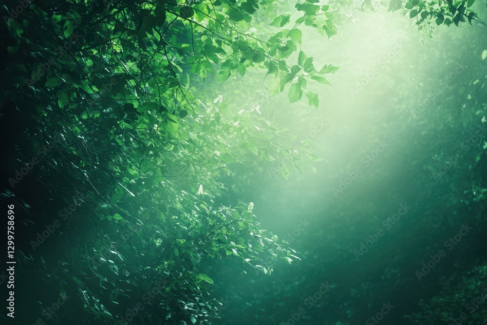 Fototapeta premium Sun rays shine through dense foliage in a vibrant forest