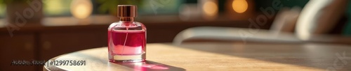 Pink perfume bottle on a stylish wooden table, beautyproduct, perfumewooden photo