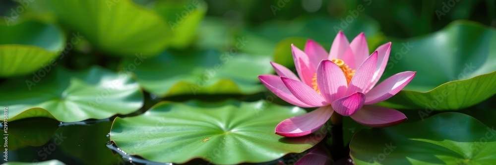 Pink lotus flower and lily pads create a picturesque scene, greenery, natural Pink lotus flower and lily pads create a picturesque scene, greenery, natural