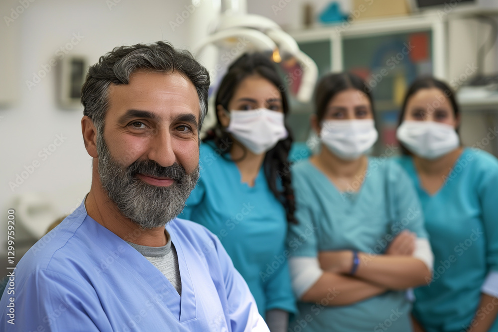 Obraz premium Photography of a group of Afghanistan dental clinic workers with the dentist in front. 