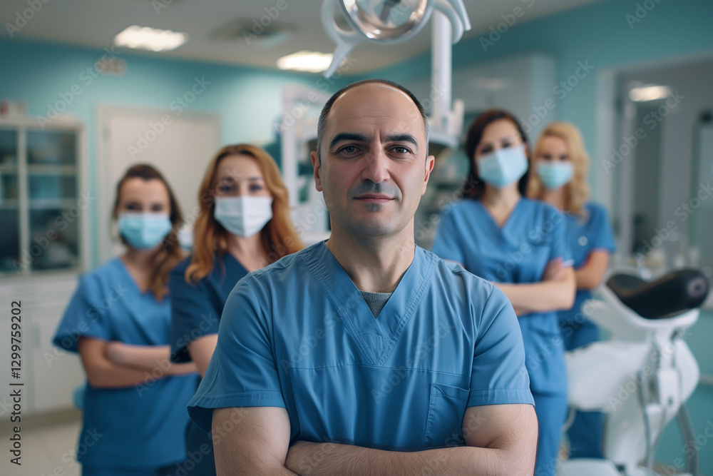 Obraz premium Photography of a group of Albania dental clinic workers with the dentist in front. 