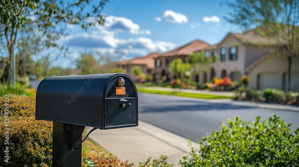 A suburban street with a black mailbox in the foreground and a row of charming houses in the background. A suburban street with a black mailbox in the foreground and a row of charming houses in the background.