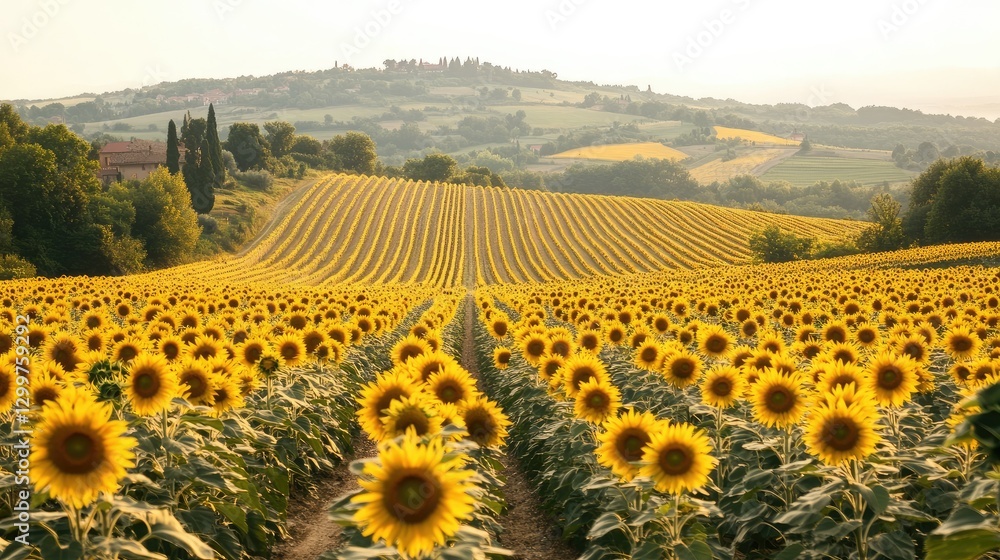 Fototapeta premium A sunflower field in full bloom, rows of bright yellow flowers in a cultivated area under a clear sky.