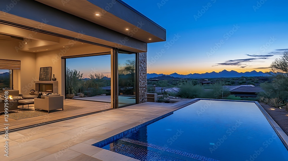 Fototapeta premium Modern Home with Pool Overlooking Desert Landscape at Twilight Hour