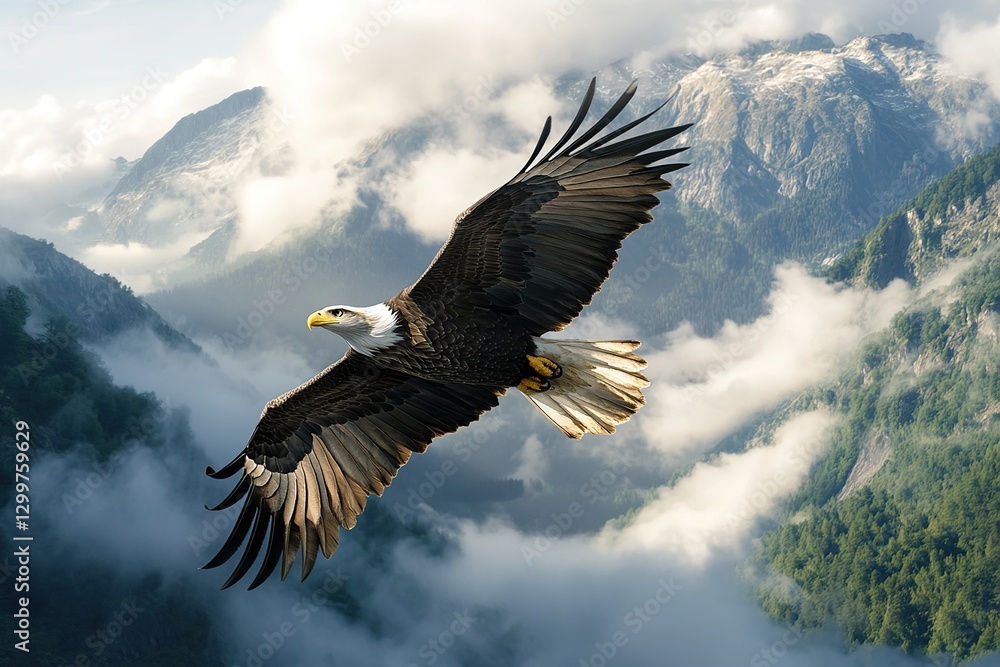 Obraz premium Majestic Bald Eagle Soaring Above Misty Mountain Range