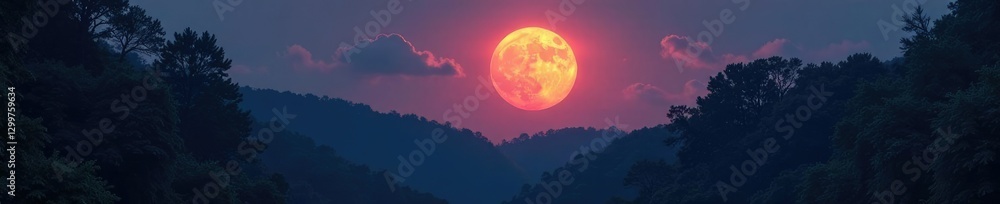Obraz premium Lunar disk glows softly over a peaceful forest at dusk, forest, calm, atmosphere