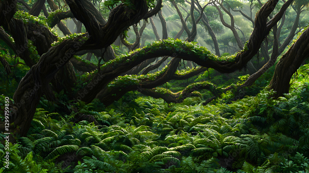 Lush Green Forest with Sunlight Dappling Through Dense Canopy Lush Green Forest with Sunlight Dappling Through Dense Canopy