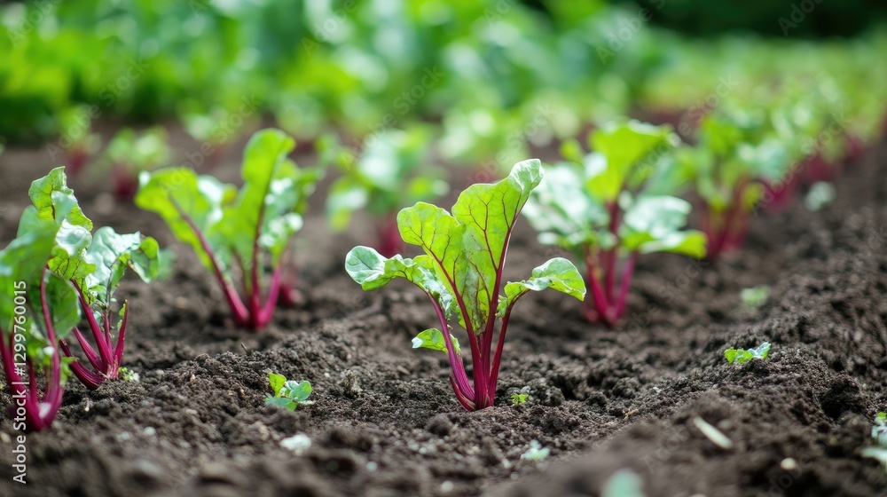 A well-maintained vegetable bed filled with rows of young beetroot plants, their leaves reaching toward the sky. A well-maintained vegetable bed filled with rows of young beetroot plants, their leaves reaching toward the sky.