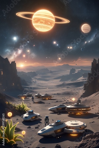 Ringed Exoplanet Landscape with Futuristic Explorers