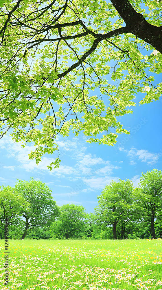 Fototapeta premium Vibrant Spring Landscape with Green Trees and Flower Field under Blue Sky