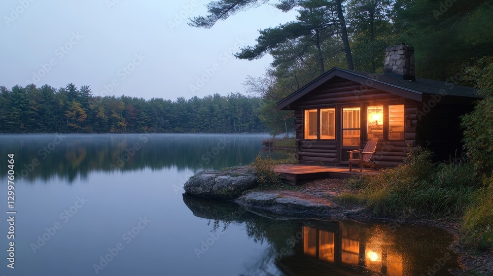 Lakeside Log Cabin at Dusk Lakeside Log Cabin at Dusk
