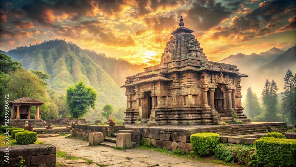 Fototapeta premium Vintage Postcard: Mattan Sun Temple, Anantnag, Kashmir - Ancient Ruins, Architectural Marvel