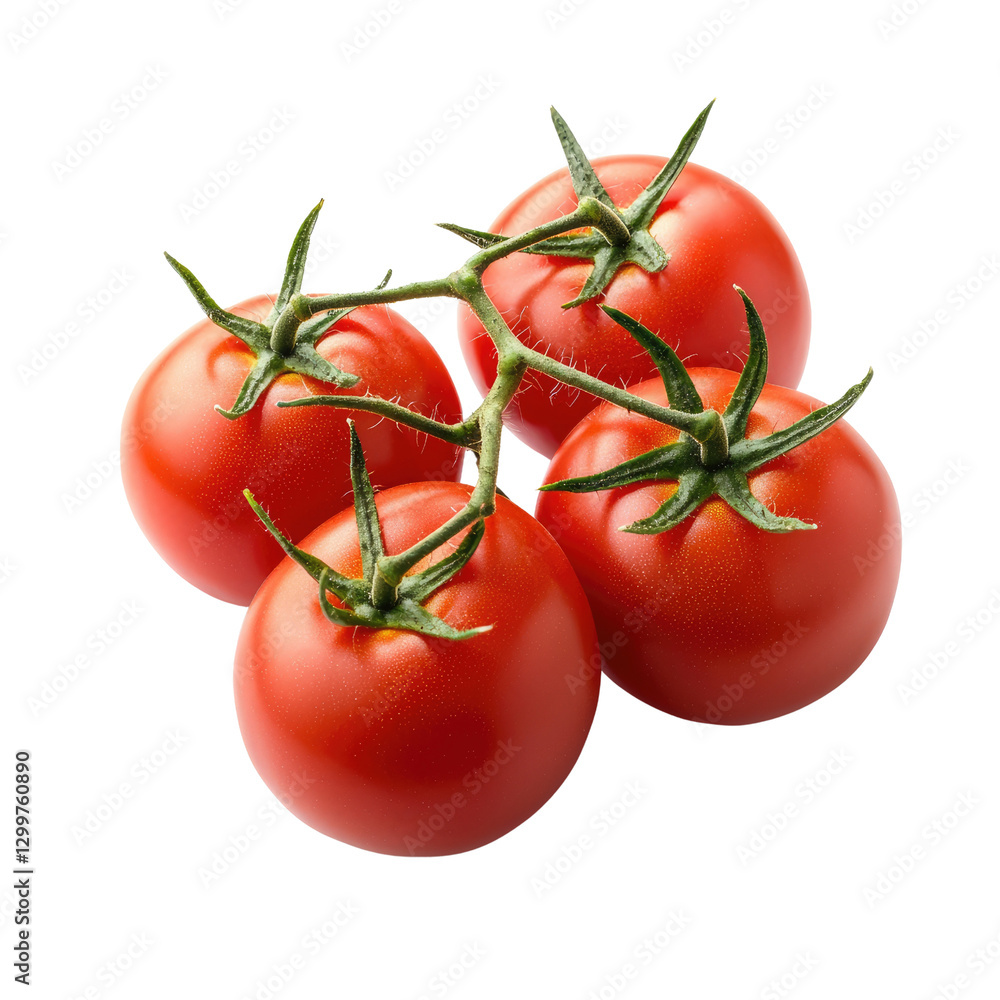 Fresh and Juicy Red Tomatoes with Green Stems on White Background, Perfect for Culinary Use and Healthy Recipes Fresh and Juicy Red Tomatoes with Green Stems on White Background, Perfect for Culinary Use and Healthy Recipes