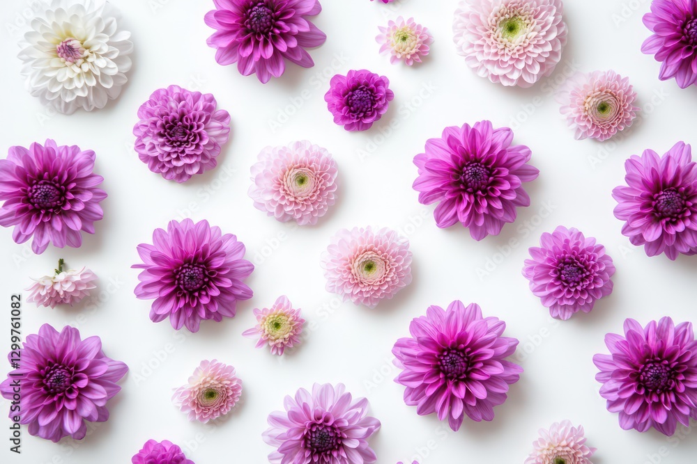 A beautiful composition of purple and pink mums, their petals gently arranged on a plain white background, creating a peaceful and calming aesthetic. A beautiful composition of purple and pink mums, their petals gently arranged on a plain white background, creating a peaceful and calming aesthetic.
