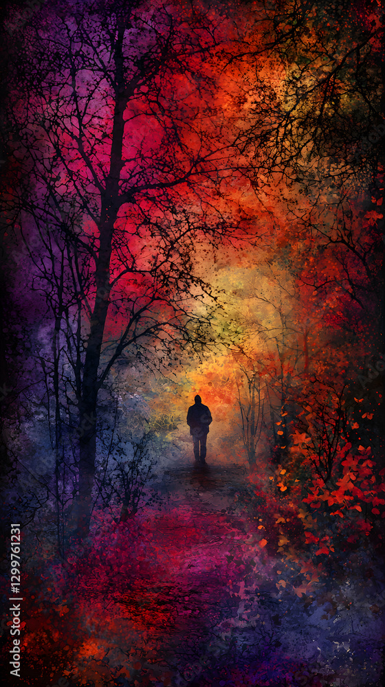 Fototapeta premium Silhouette Walking Colorful Forest Path at Night