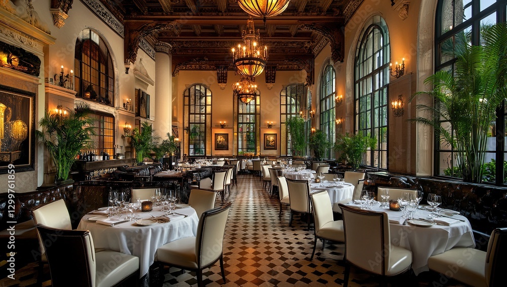Naklejka premium Elegant Restaurant Interior with High Ceilings and Patterned Floor